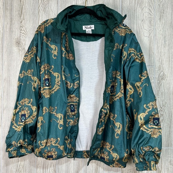 Vintage 80’s 90’s Slade Green and Gold Crest Print Nylon Windbreaker Size XL - Picture 9 of 13